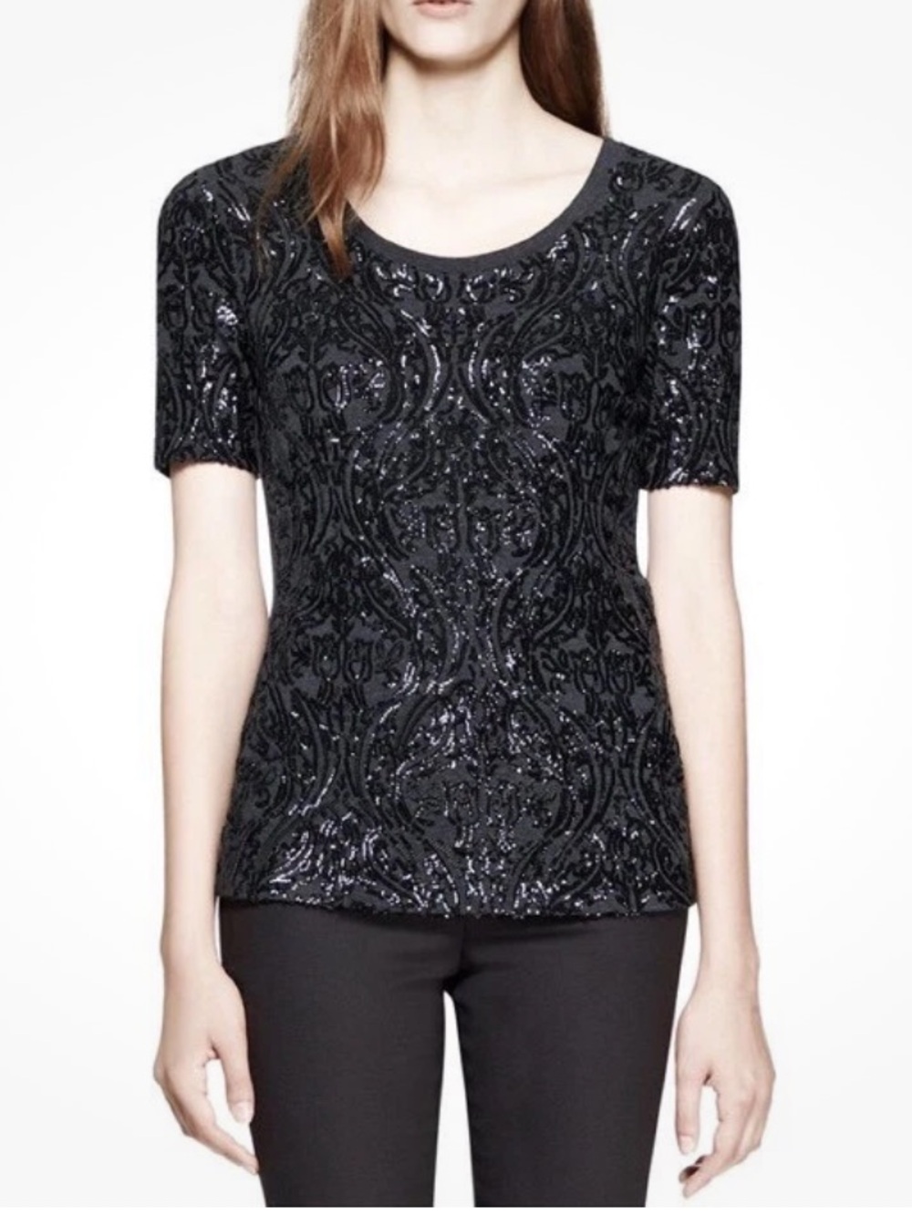 Tory Burch Black / Grey Sequin Arabesque Short Sleeve Top